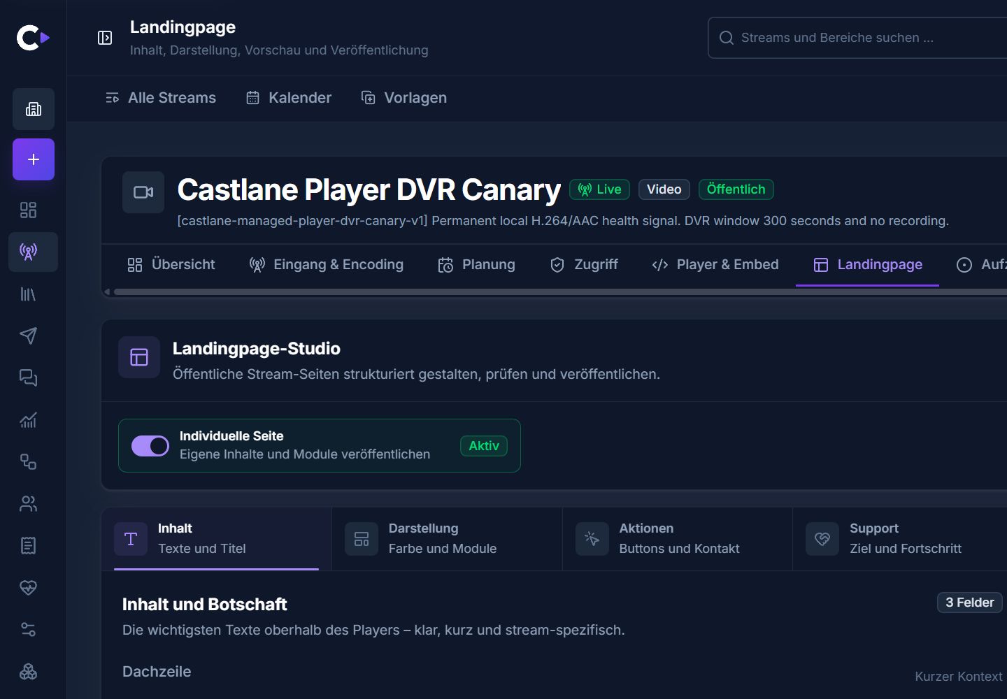 Castlane Landingpage-Studio mit Bereichen für Inhalt, Darstellung, Aktionen und Support.