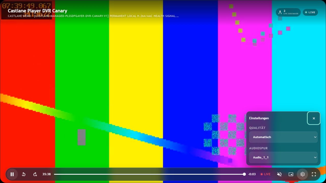 Castlane Player mit geöffneter Qualitäts- und Audiospur-Auswahl vor einem technischen Farbbalken-Testsignal.